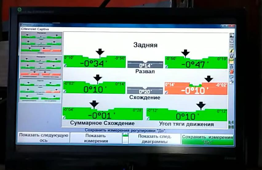 отчет на экране перед регулировкой Сход-развала Шевроле Каптива
